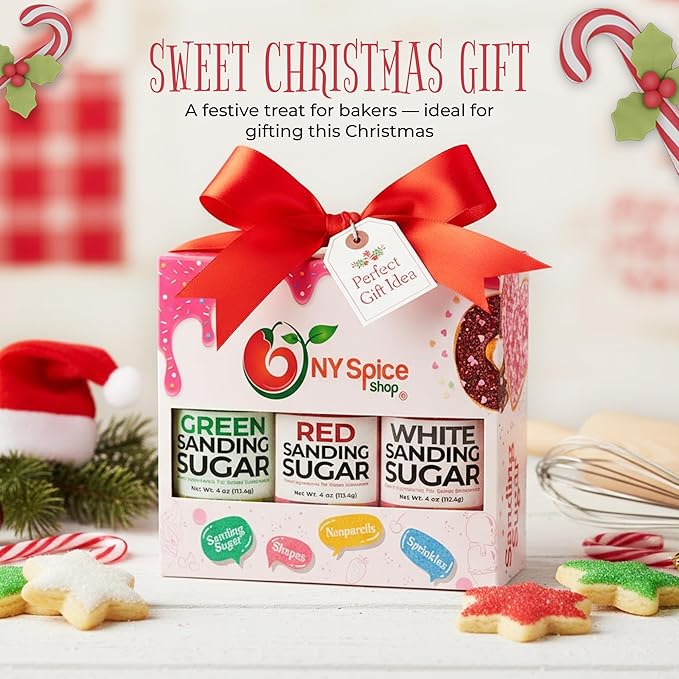 NY Spice Shop Christmas Sanding Sugar – Pack of 3 Red Green & White Baking Sugar Crystals - Holiday Dessert Decorations & Colorful Sugar - Christmas Themed Baking Supplies