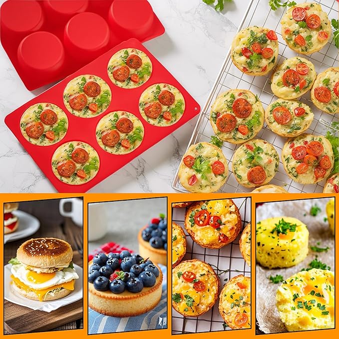 Silicone Egg Bite Molds, 3 Pack Deep 3 Inch Dash Egg Cups Sous Vide Mold Round Rolls Molds for Breakfast Sandwiches Omelets Dinner Rolls Baking - Red