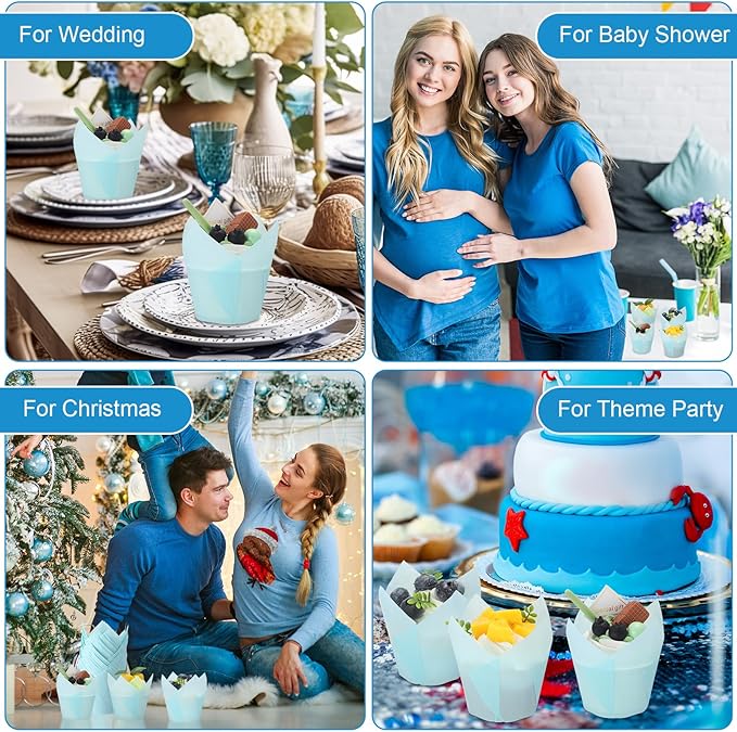 600 Pcs Tulip Cupcake Liners for Baking Muffin Liners Printed Baking Cups Holders Greaseproof Wrappers Decoration for Cupcake Bouquet Birthday Party Wedding Bride Shower (Light Blue)