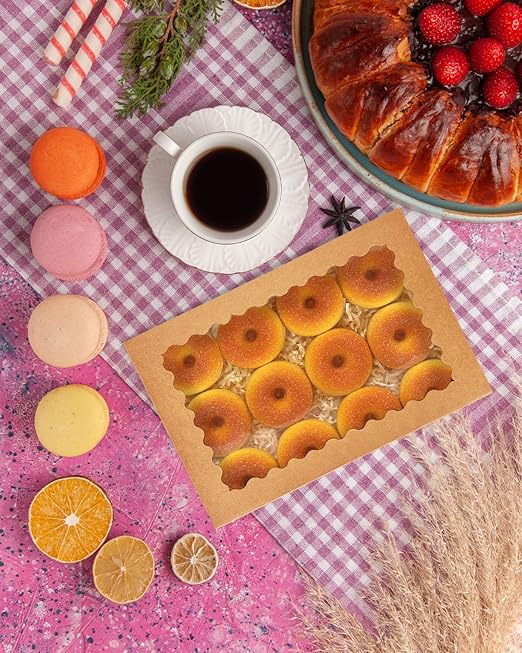 qiqee Auto-pop Up 16x10.5x2.5 Inch Brown Cookie Box with Window 24Pcs Bakery Pastry Macaron Bakery Box for Packaging