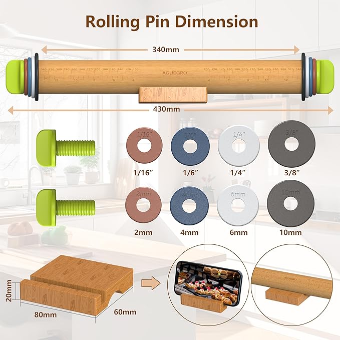 Rolling Pin with Adjustable Thickness Ring, Dough Thickness for Baking, Fondant, Pizza, Crust, Cookies, Pastry, 13.6" Wooden Rolling Pin with 4 Multi-Color Thickness Rings and Wooden Stand