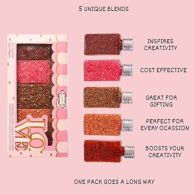 Confect Sparkling Sugar for Baking & Cake Decoration | Assorted pack of 5 Arabian Nights Sparkling Sugar Sprinkles Mix Bronze, Bright Pink, Copper, Orange & Deep Red | Vegan, Gluten-Free, Nut-Free, Soy-Free, Dairy-Free, Palm Oil-Free- 5 Oz