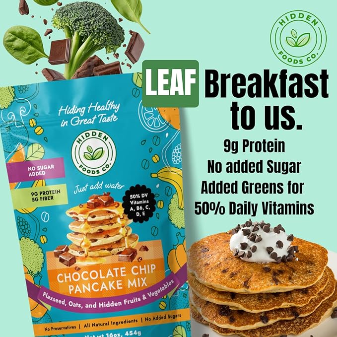 Hidden Foods Chocolate Pancake Mix with Monk Fruit – Chocolate Chip Pancakes Perfect Breakfast - Fiber and Protein Choco Pancake Mix with Wheat & Oat Flour Blend of Vegetables - Waffle Mix 2 Pack