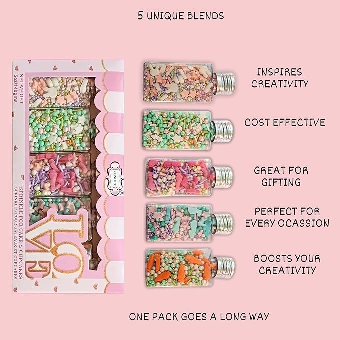 Confect Spring Sprinkle Mix – 5-Pack Bunny-Themed Edible Sprinkles | Pink, White & Blue with Stars, Pearls & Vermicelli | Perfect for Cakes, Cupcakes, Cookies & Baking | Vegan, Gluten-Free, Nut-Free, Soy-Free, Dairy-Free, Palm Oil-Free- 5 Oz