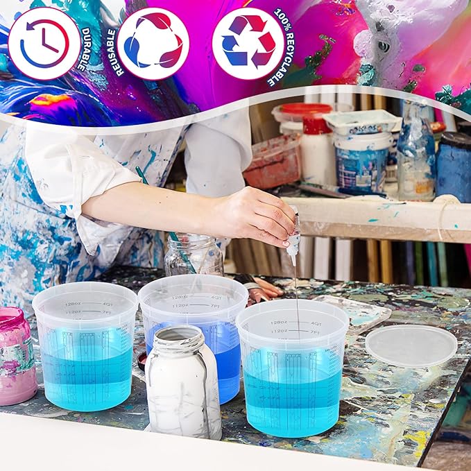 Mifoci 60 Pcs 160 oz Graduated Paint Mixing Cups 5 Quart Disposable Clear Paint Mixing Bucket Plastic Epoxy Measuring Cups with Ratios on Side of Cup for Resin, Epoxy, Art