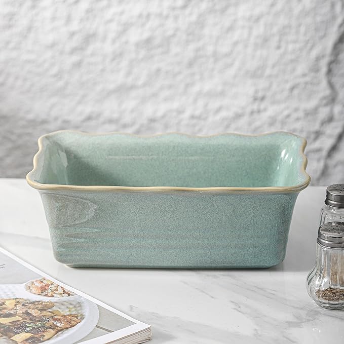 HVH Ceramic Loaf Pan for Baking Bread, Rectangular Baking Bread Loaf Pan, 9 x 5 inch Bread Pan, Bread Baking Pan for Cooking, Wave Series, Farmhouse Style (Turquoise)