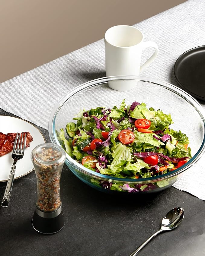 NUTRIUPS 5QT Big Tempered Glass Salad Bowl, 13 inch Clear Glass Bowls for Mixing, Prepping, Storage, Large Shallow Flat Bottom Bowl for Sourdough