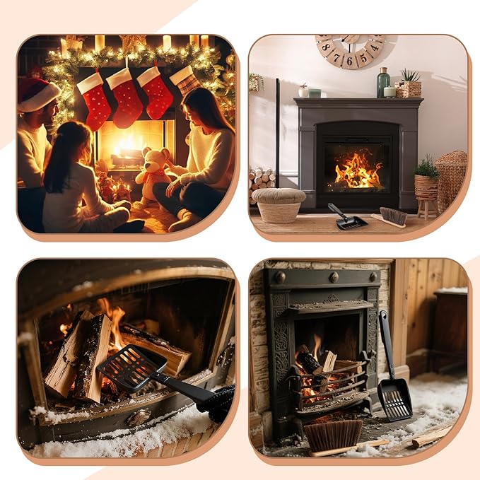 3 Pcs Fireplace Ash Sifter Oven Shovel Hollow Out Ember Recovery Tool Shovel Heat Resistant Silicone Glove Brush Scoop Charcoal (Innovative Model,Iron)