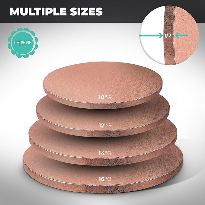 O’Creme Cake Board, Rose Gold Foil Round Cake Circles with Gorgeous Design, Sturdy & Durable 1/2” Thick Cake Drums, Round Cake Boards with 22” Diameter, Pack of 5 Disposable Cake Drums
