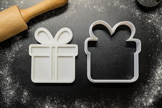 Christmas Gift Cookie Cutter and Stamp Set - 3.5" Gift Box Shape for Cookies, Fondant, Clay - Holiday Birthday Gift Baking Mold Present