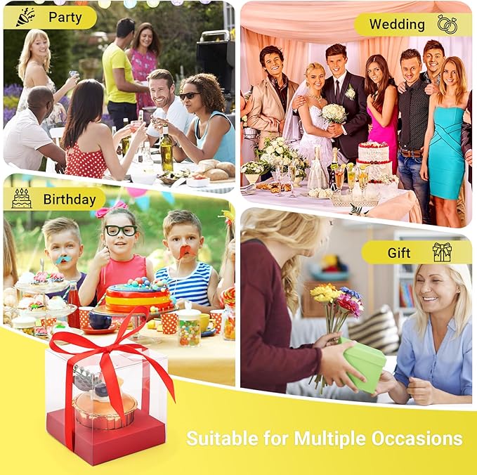 EUSOAR Cupcake Boxes Individual, 50 Pcs 3.5 Inch Clear Muffins Cupcake Containers with Inserts and Gift Ribbon, Dessert Pastry Holder Disposable Cookies Wrappers for Wedding Party Favor Bakery
