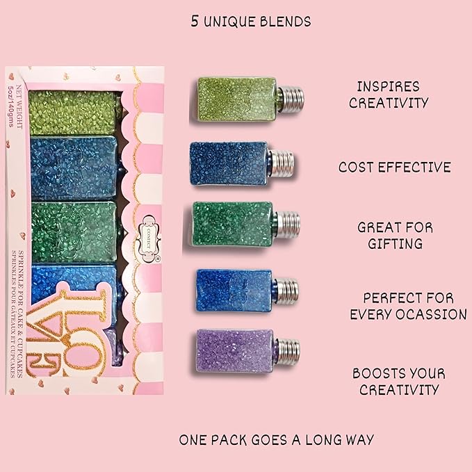 Confect Sprinkles- 5 Pack Assorted Edible Sugar Crystals in Parrot Green, Green, Blue, Purple & Midnight Blue – Decorative Toppings for Cakes, Cupcakes & Cookies – Vegan, Gluten-Free, Nut-Free, Soy-Free, Dairy-Free, Palm Oil-Free, dye-Free-5 Oz