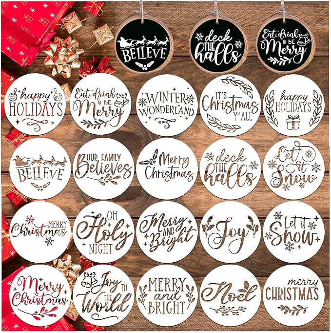 Small Christmas Stencils for Painting on Wood Reusable 4in Round Small Holiday Merry Christmas Stencils Ornament Stencil for Wood Cards Scrapbook Journal Cookie Glass (20pcs Words 4in Round)