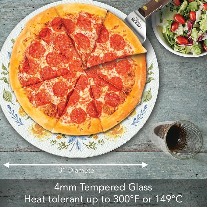 CounterArt Floral Bee 4mm Tempered Glass Lazy Susan Turntable 13" Diameter Condiment Caddy Cake Plate Pizza Server