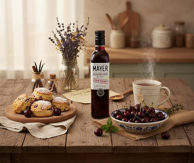 Mayer Hungarian Sour Cherry Syrup – Award-Winning Cherry syrup for drinks, All-Natural Cordial, Over 50% Real Fruit, Vegan (16.9 oz Bottle) – Ideal Cocktail Mixer & Dessert Topping