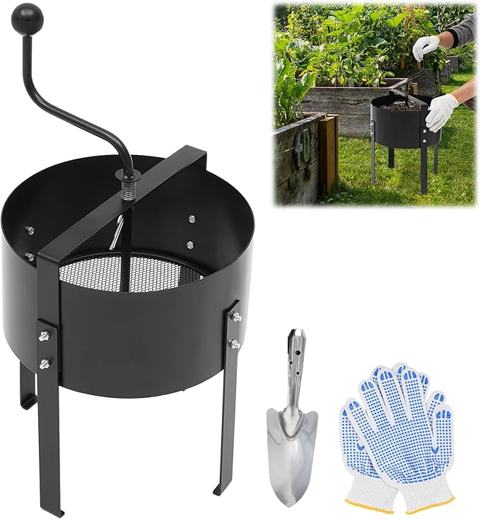 Rotary Soil Sifter Compost Sieve with Gloves and Shovel, Steel Garden Potting Sifting Mesh Rock Sand Dirt Sieve, 13" Sifting Filter with 1/5 Inch Mesh Sifting