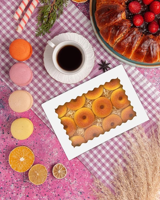 qiqee Auto-pop Up White Cookie Box with Window 16x10.5x2.5 Inch 24Pcs Bakery Pastry Macaron Bakery Box for Packaging