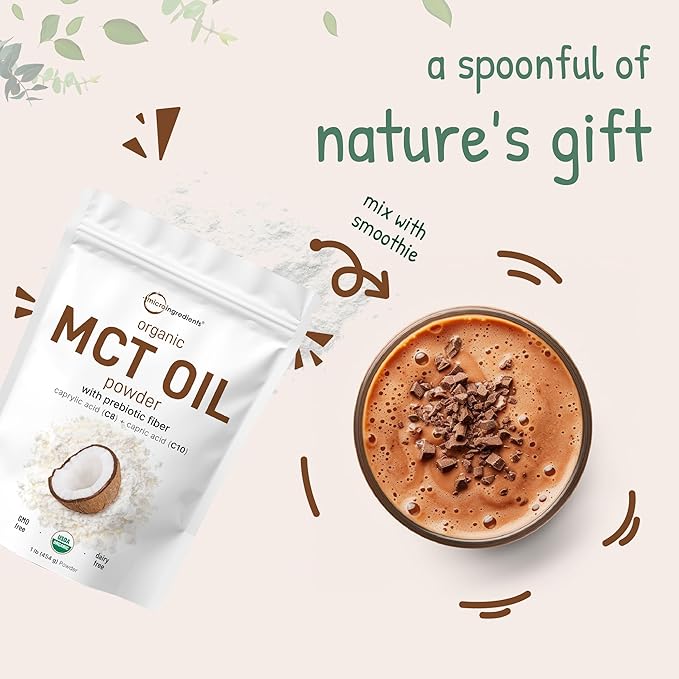 Micro Ingredients Organic MCT Oil Powder with Prebiotic Fiber,1 Pound (16 Ounce) | C8 MCT Oil for Coffee Creamer | No GMOs, Keto Diet, Vegan