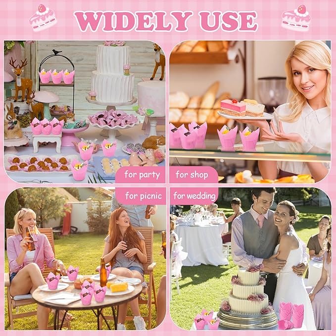 600 Pcs Tulip Cupcake Liners for Baking Muffin Liners Printed Baking Cups Holders Greaseproof Wrappers Decoration for Cupcake Bouquet Birthday Party Wedding Bride Shower (Hot Pink)