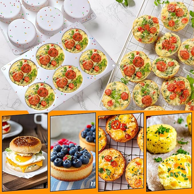 Silicone Egg Bite Molds, 2 Pack Silicone Egg Molds Frittata Pan, Deep 3 Inch Dash Egg Cups Sous Vide Egg Mold Round Rolls Molds for Egg Breakfast Sandwiches Omelets Dinner Rolls Baking - White