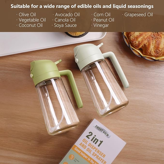 2PCS Oil Sprayer for Cooking, 16oz/470ml 2 In 1 Glass Olive Oil Sprayr & pourer for Kitchen, Air Fryer, Cooking, Salad, BBQ (Black,White)