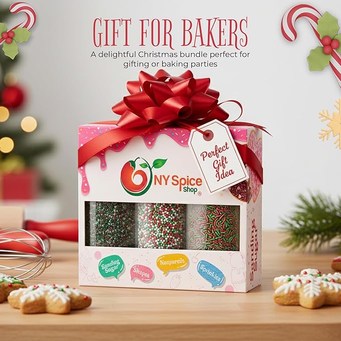 NY Spice Shop Christmas Sprinkles Nonpareils & Sanding Sugar – Red Green White Nonpareils & Sprinkles - Edible Christmas Festive Cooking Decor Sprinkle - Candy Cane Sprinkles for Baking and Dessert Toppings