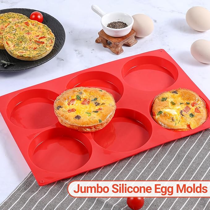 Jumbo Muffin Top Pan, 4 Inch Extra Large Egg Baking Pan for Oven Silicone Molds for Breakfast Sandwiches, English muffins, Whoopie Pies, Corn Bread, Egg bites, 2 Pack Red