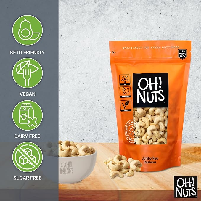 Oh! Nuts Jumbo Raw Cashew - Whole Unsalted Cashews - 1 lb Bulk Bag - 100% Natural - Raw Cashews for Snacking & Baking