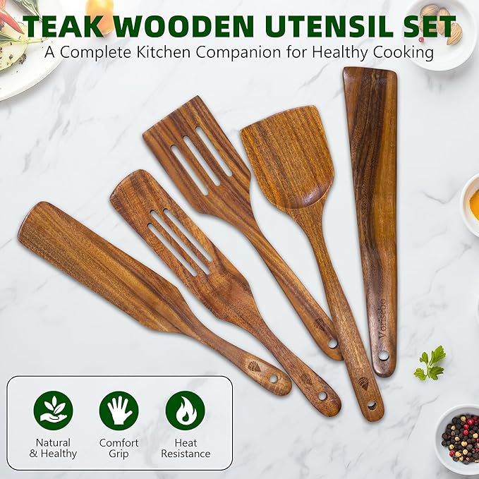 5 PCS Wooden Spatula for Cooking, Natural Teak Wooden Utensil Set, Non-Toxic Wood Cooking Utensil, Handmade Comfort Grip Wood Spoons for Nonstick Cookware