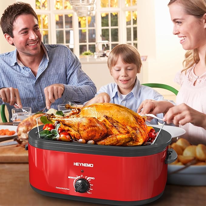 22 Quart Electric Roaster Oven with Viewing & Self-basting Lid, Turkey Roaster Oven with Removable Pan and Rack, RED