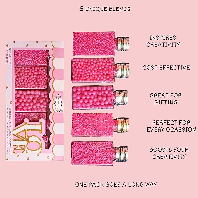 Confect Barbie Playtime Sprinkles Mix – Hot Pink Pearl Dragees, Jimmies & Sparkling Sugar – Assorted Pack of 5 Edible Sprinkles for Cake & Cupcake Decorating, Birthday Parties & Baking Fun | Vegan, Gluten-Free, Nut-Free, Soy-Free, Dairy-Free - 5 Oz