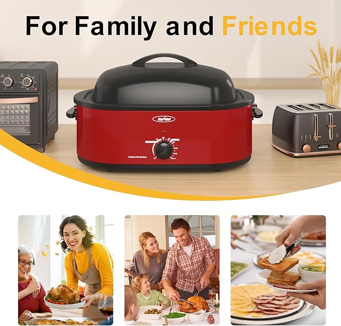 Sunvivi 26lb 22-Quart Roaster Oven, Electric Roaster Oven with Viewing Lid, Turkey Roaster with Unique Defrost/Warm Function, Large Roaster with Removable Pan & Rack, Stainless Steel, Red