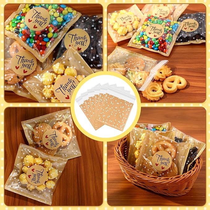 Self Adhesive Cookie Bags Cellophane Polka Dot Treat Bags Small Plastic with Thank You Stickers for Party Gift Giving Bakery Biscuit Candy Pastry(3.94 x 3.94 Inch,Small Dot,50 Pcs)