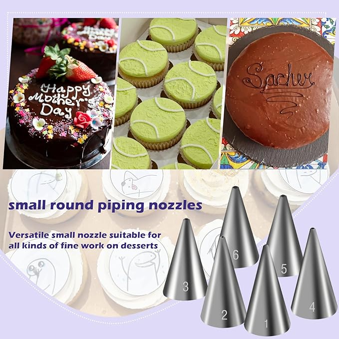 Hendiy 6 Pieces Round Piping Tips Set, Stainless Steel Icing Tips Cupcake Frosting Nozzles Small Decorating Piping Tip, Cake Writing Icing Decorating Tool for Cookies Cupcake