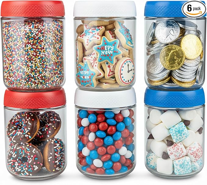 C&O ESSENTIALS 16 oz Glass Mason Jars with Airtight Lids - Wide Mouth Canning Jars for Food Storage, Meal Prep, Overnight Oats, Preserving, Pickling (6-Pack) (Red, White & Blue - America)