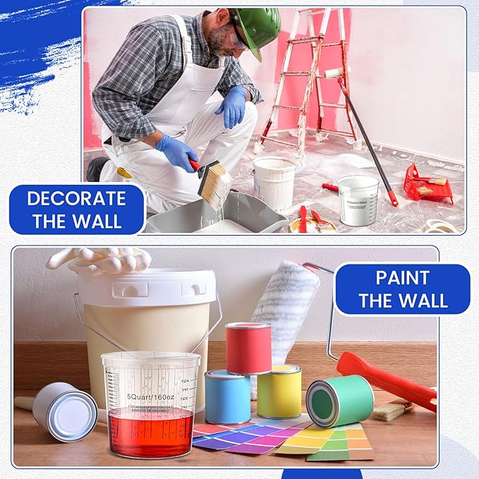Maxdot 6 Pcs 5 Quart/160 Ounce Paint Mixing Cups Plastic Measuring Cups for Liquids Automotive Painting, Epoxy Resin, Acrylic Arts, Disposable or Reusable, Crafts, Graduated, Mixing Ratios