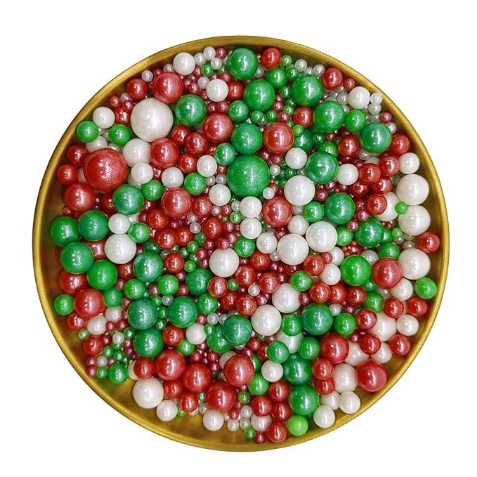 Edible Red & Green & White Sugar Pearls Sprinkles Candy Mix Size Pearls Cake Decorations Cupcake Toppers Decorating Perfect for Wedding Party Valentine Christmas Supplies 4.58OZ