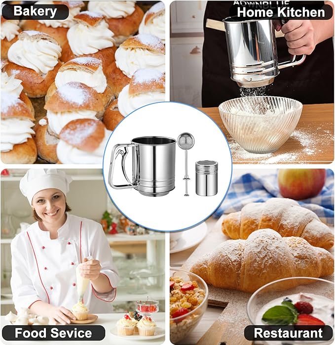 Flour Sifter Stainless Steel, 3 Cup Flour Sifters for Baking, 2 Sets 3 in 1 Sifter for Baking with Powdered Sugar Shaker Duster, Flour Shaker Duster for Baking Cakes Pastries Pies Cupcakes Desserts