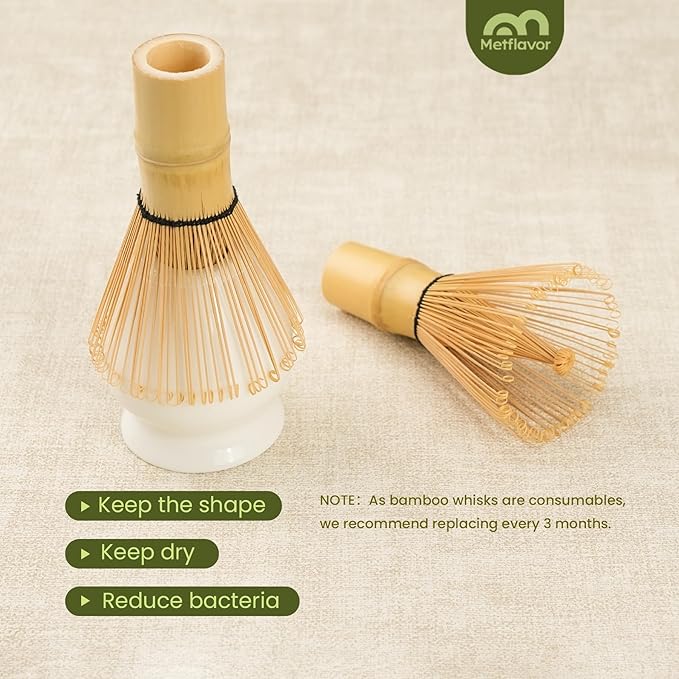 Matcha Whisk Set, Handcrafted Bamboo Chasen & Ceramic Bowl Matcha Kit, Complete 5 Pcs Matcha Set Whisk and Bowl W/Stainless Steel Sifter, Bamboo Scoop & Holder for Matcha Tea Ceremony (White)