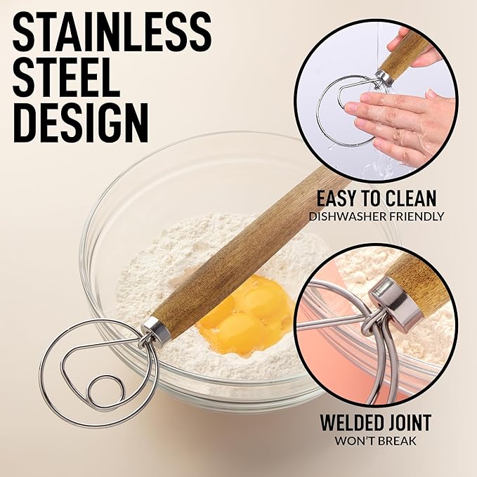 Zulay Kitchen Durable 13-Inch Danish Dough Whisk - Easy Mixing Bread Hook, Stainless Steel, Sourdough Traditional Dutch Whisking Tool, 2 Pack Acacia Wood