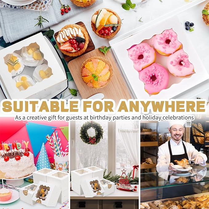 50pcs Cookie Boxes with Window, 6x6x3 Inches White Bakery Boxes, 60 Pcs Stickers,for Small Cookies, Treats, Candy, Desserts, Chocolate Covered Strawberries,Mini Cake Boxes