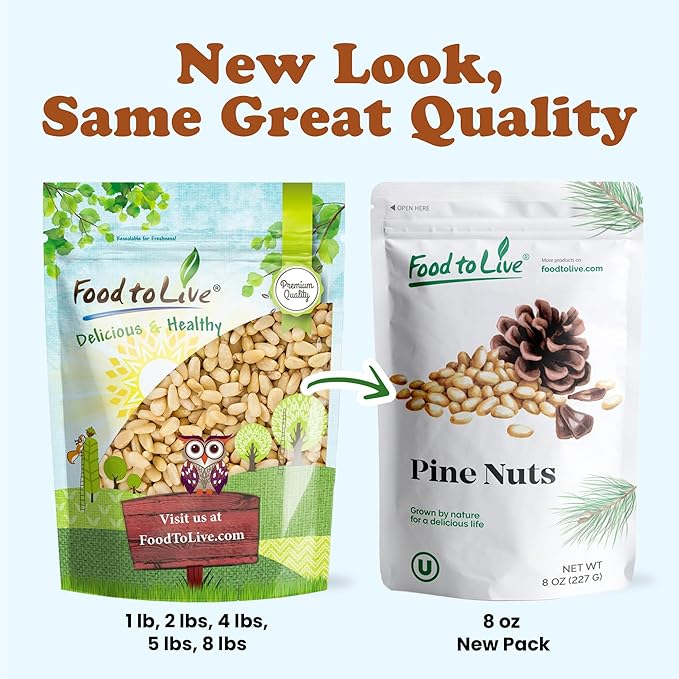 Food to Live Pine Nuts, 2 Pounds Whole Raw Pignolias, Unsalted, Vegan, Kosher, Bulk. Rich in Vitamin E, Protein. Healthy Snack. Great for Pesto, Salads, Homemade Desserts.