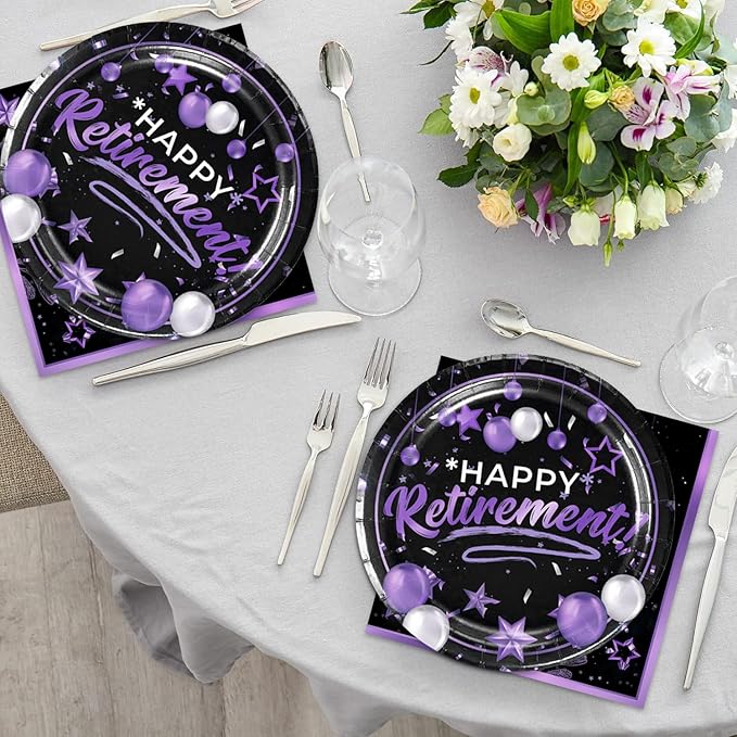 40pcs Retirement Party Decoration,include 20 dessert plate, 20 Napkin,Used for Black Purple Retirement Party Supplies
