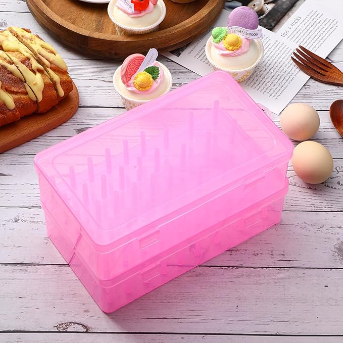 2pcs Piping Tip Box with Fixed Pins 84 Piping Tip Organizer Baking Cake Decoration Tool Storage Box(Pink)