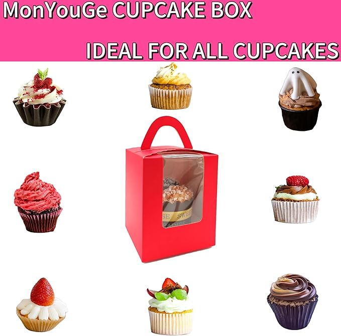 50-Set Individual Cupcake Boxes Bulk with Clear Display Window, Disposable Food Grade Red Cupcake Carrier Cupcake Container, Perfect for Cupcakes Muffins Cookies Pastries