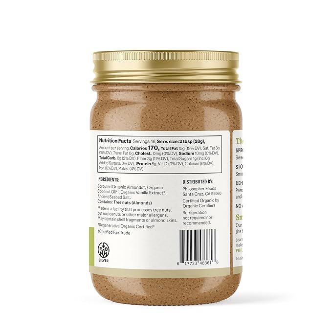 Philosopher Foods - Creamy Alchemy Organic Sprouted Almond Nut Butter - 16 oz - Stone Ground Regenerative Organic Creamy Almond Butter with Coconut Oil, Vanilla, and Ancient Seabed Salt