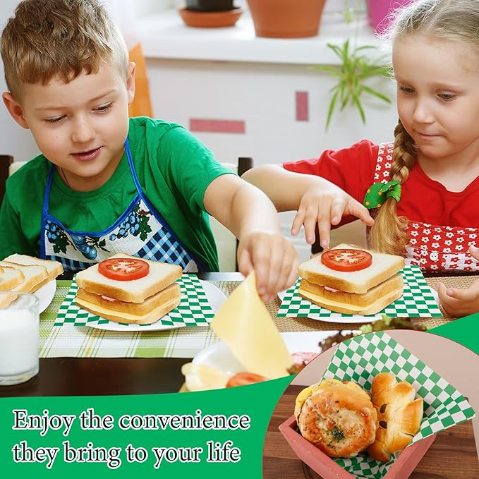 200 Pcs Wax Paper Sheets for Food Deli Wrap Paper Sheets 8.5x8.5"Food Basket Liners Checkered Square Sandwich Wraps for Burgers Bread Restaurant Barbecue Picnic(Green)