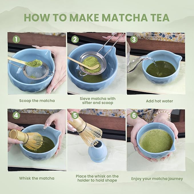 7-Pcs Matcha Whisk Set - Ceramic Matcha Set Includes Bowl,Whisk,Holder,Bamboo Scoop,Scoop Rest,Sifter & Tea Towel – Japanese Traditional Tea Kit for Beginners & Tea Lovers (Blue)