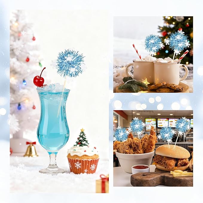 24Pcs Frozen Cupcake Toppers, Snowflake Foil Firework Cupcake Toppers Tinsel Drink Picks Let it Snow Winter Supplies Favor