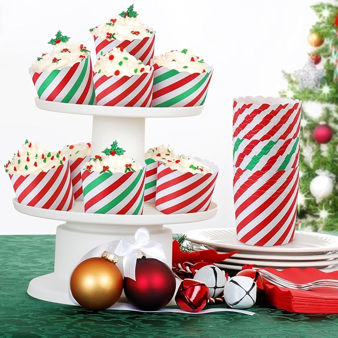 100 Pcs Christmas Cupcake Liners Bulk Red Green Baking Paper Cup Xmas Muffin Wrappers Striped Candy Pattern Baking Cup for Christmas Birthday Decoration, 2.8" x 2.4" x 2.2"